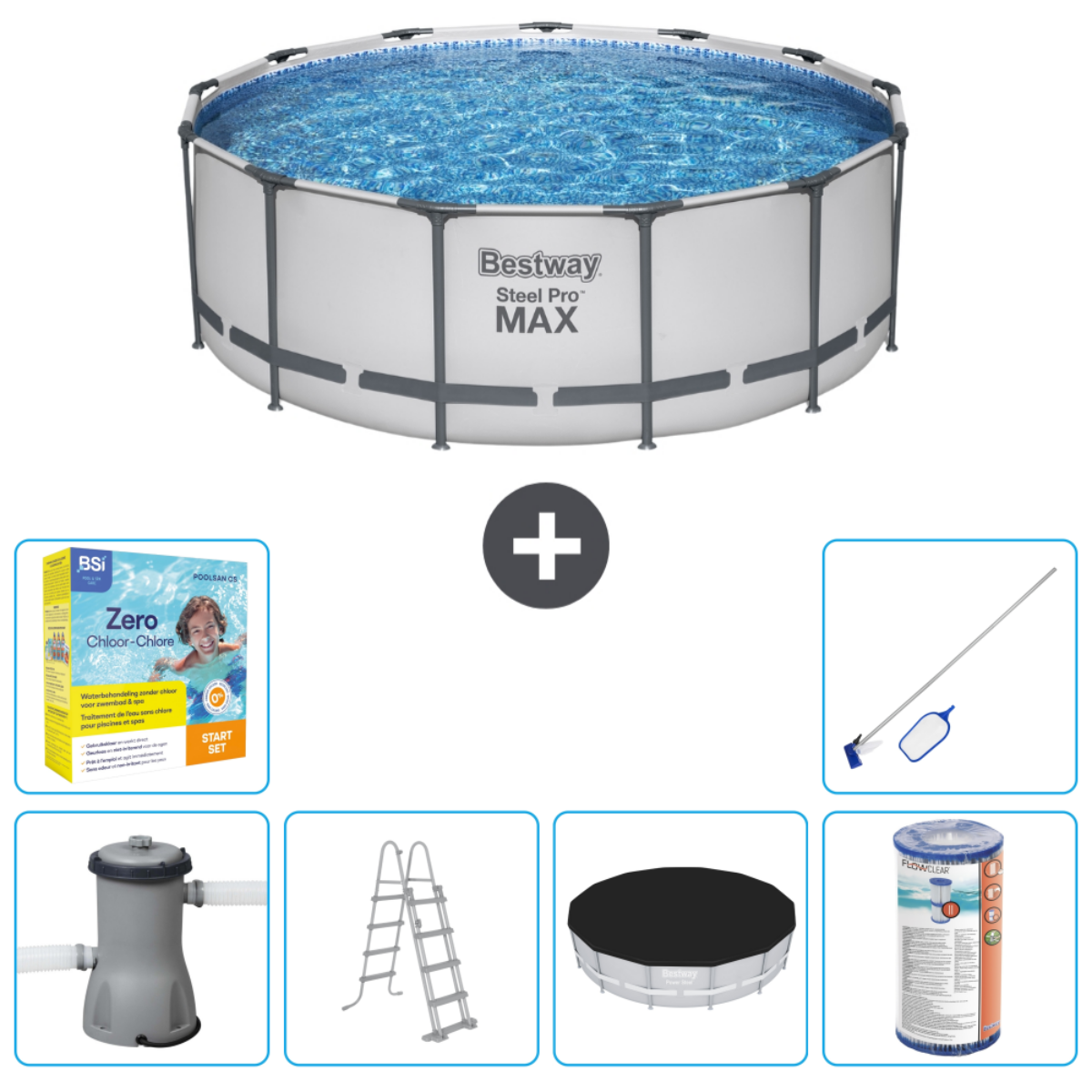 Ronde zwembad met water, accessoires. Bestway Steel Pro Max label. Ladder, afdekking en chemicaliën zichtbaar.