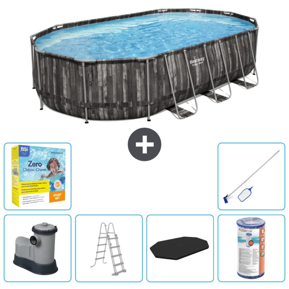 Ovaal zwembad met accessoires: filter, ladder, chemicaliën, afdekking en net. Zwembad heeft water en Bestway Power Steel logo.