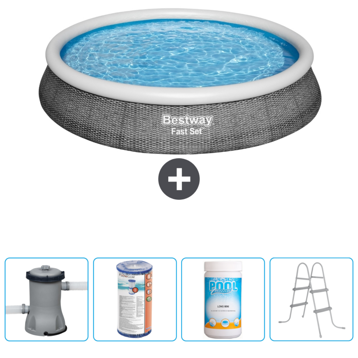 Piscine gonflable ronde avec accessoires : pompe, filtre, produits chimiques et échelle.