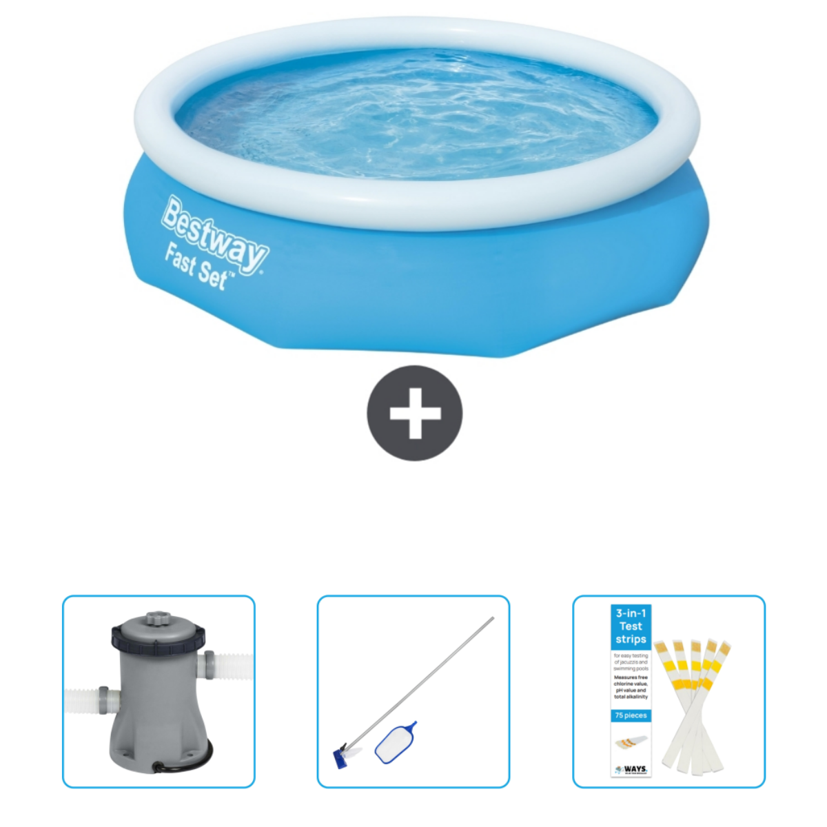 Ein runder aufblasbarer Pool mit Zubehör. Der Pool hat Wasser und die Marke Bestway.