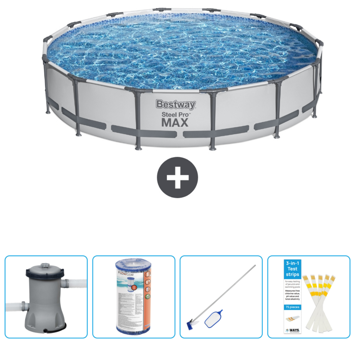 Piscine ronde à armature en acier avec accessoires, bâche, produits, tapis et filtre.