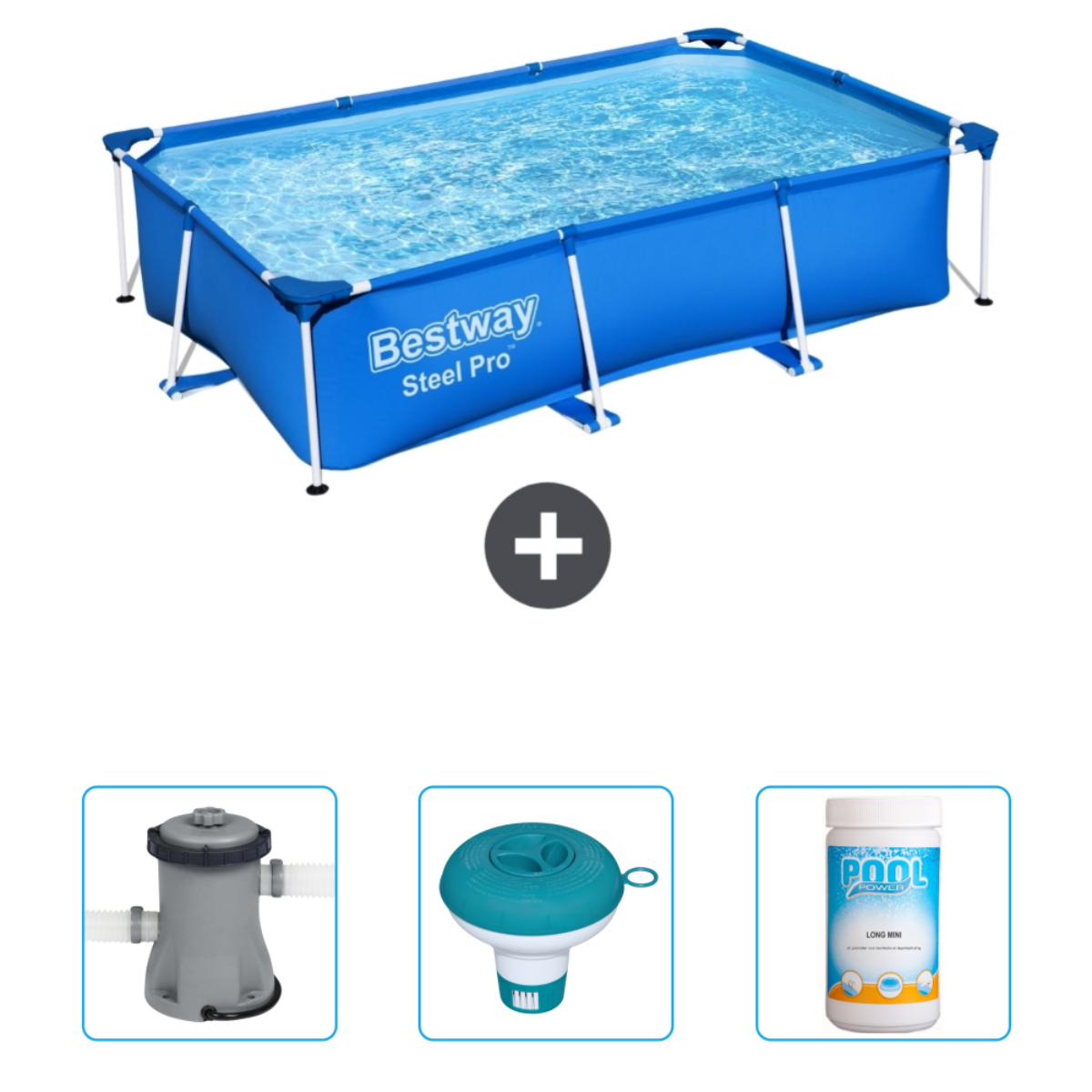 Blauw Bestway Steel Pro zwembad met accessoires: filter, vlotter en chemie.