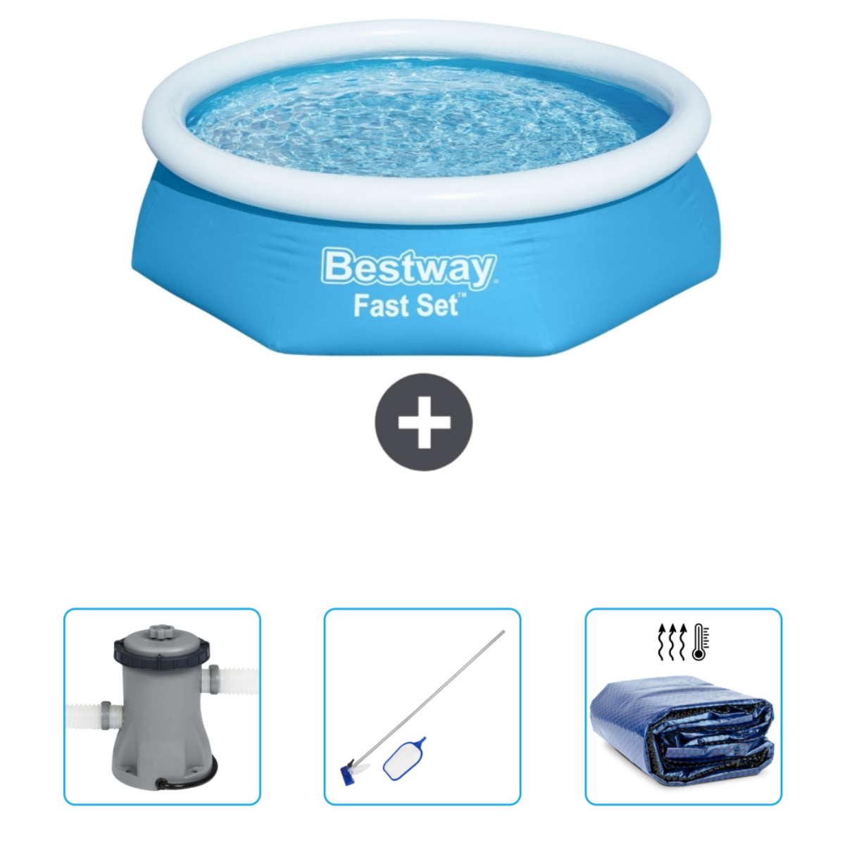 Blauw rond zwembad met pomp, net en afdekzeil. 'Bestway Fast Set'.