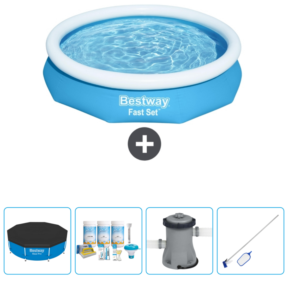 Piscine ronde bleue avec accessoires : couverture, produits chimiques, pompe et écumoire.
