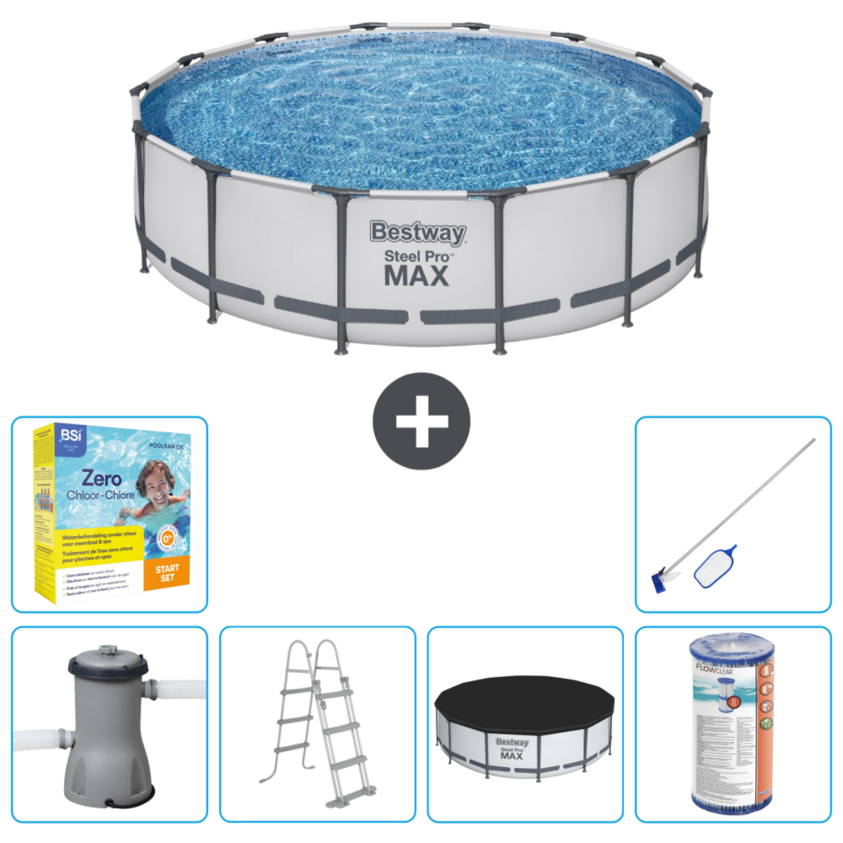 Piscine blanche et grise avec accessoires. Comprend une pompe, filtre, couverture, outils.