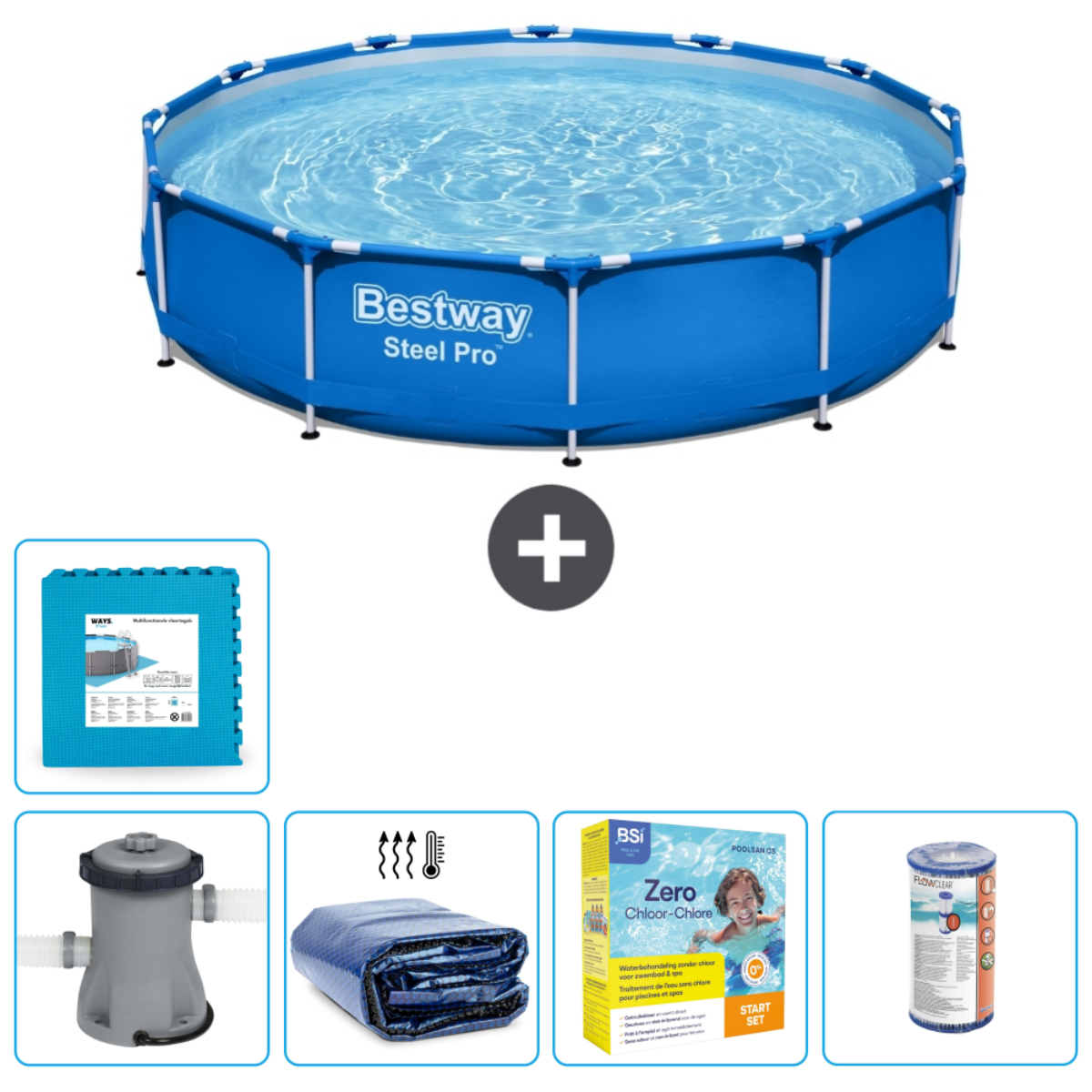 Blauw Bestway zwembad met accessoires: filter, afdekzeil en schuimtegels.