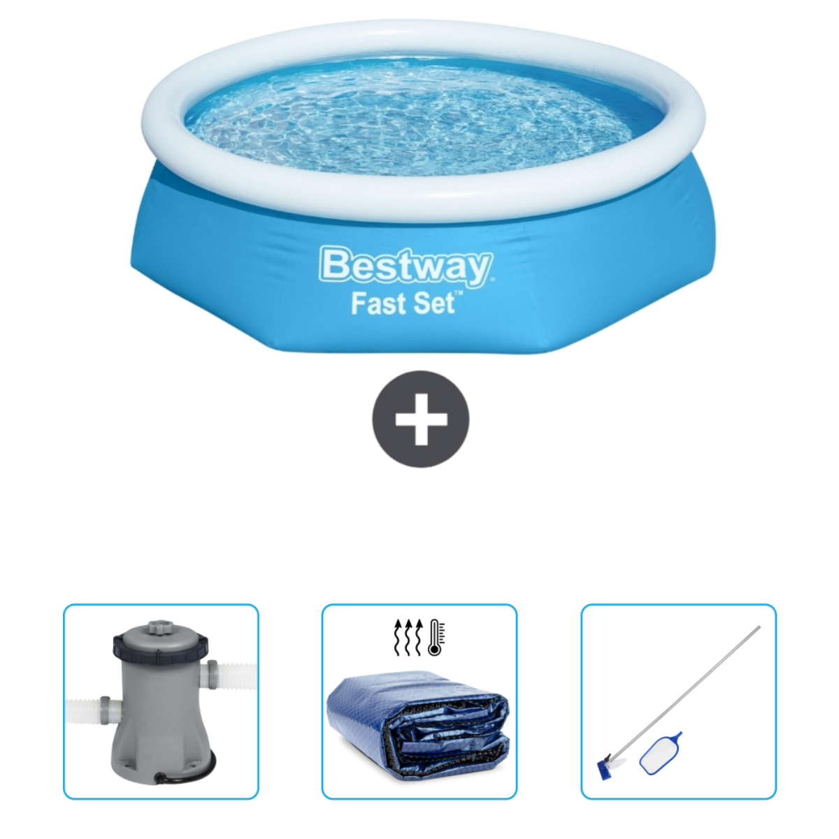 Blauw zwembad met water, pomp, filter, afdekking en schoonmaakgereedschap.