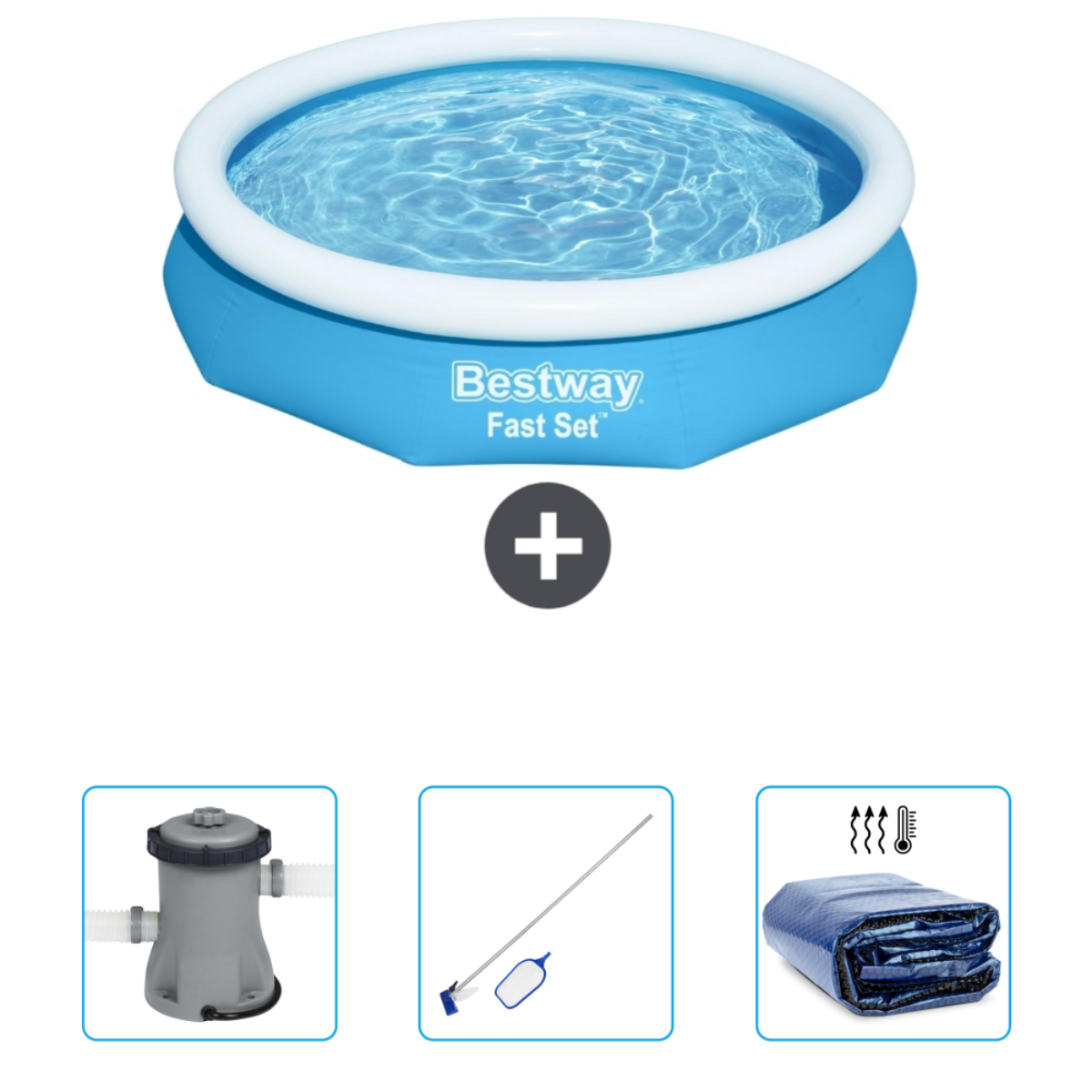 Blauw zwembad met witte rand. Accessoires: pomp, filter, schoonmaaktool en afdekking.