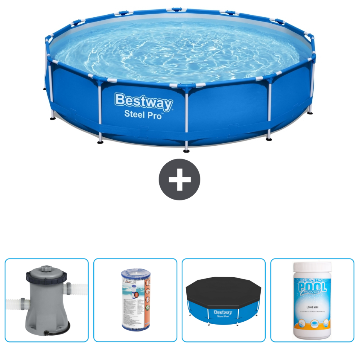 Blauw rond zwembad met water, accessoires. Bestway Steel Pro Max label. Afdekking en chemicaliën zichtbaar.
