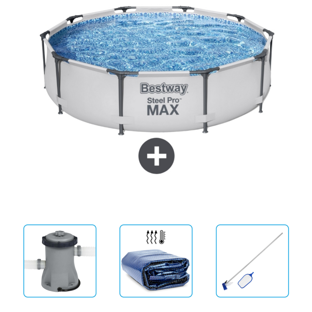 Een rond bovengronds zwembad met accessoires. Het zwembad is gevuld met water en heeft een wit frame.