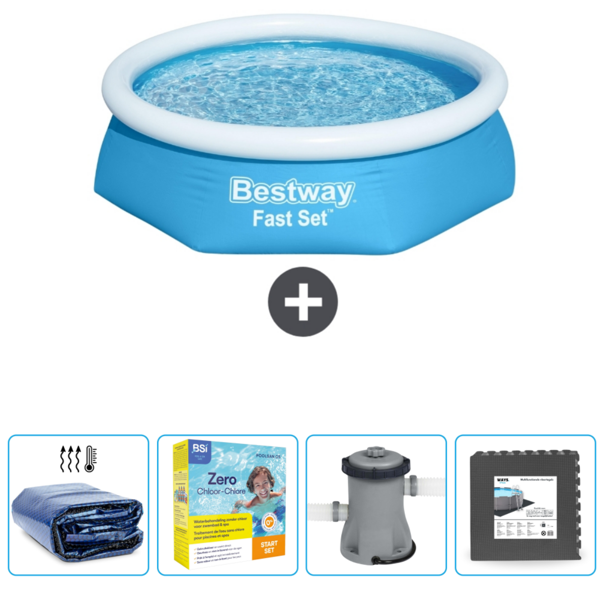 Blauw Bestway Fast Set zwembad met accessoires: afdekzeil, filter, chemie en mat.
