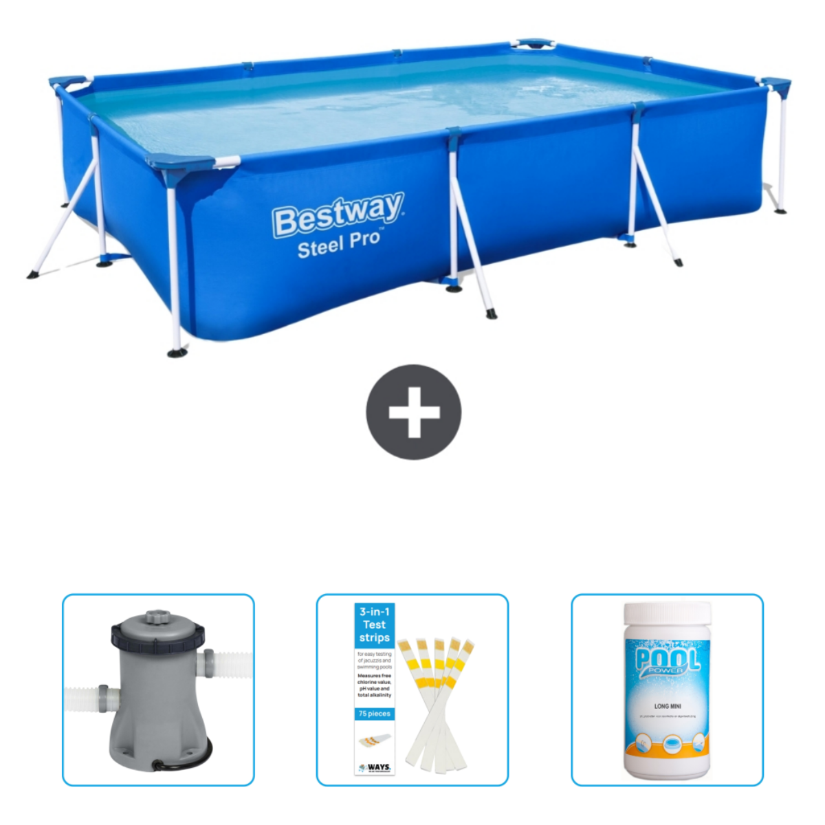 Piscine rectangulaire avec accessoires : bandelettes de test, filtre et produits chimiques. La piscine a de l'eau et logo Bestway Steel Pro.