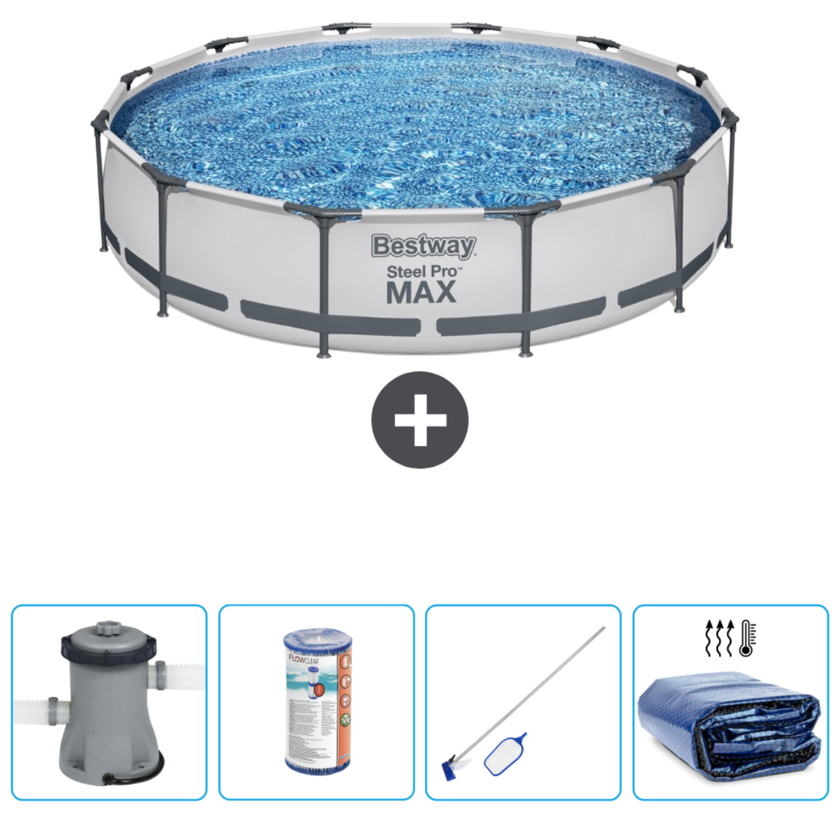 Piscine ronde avec filtre, produit chimique, brosse et couverture. Cadre blanc et gris.