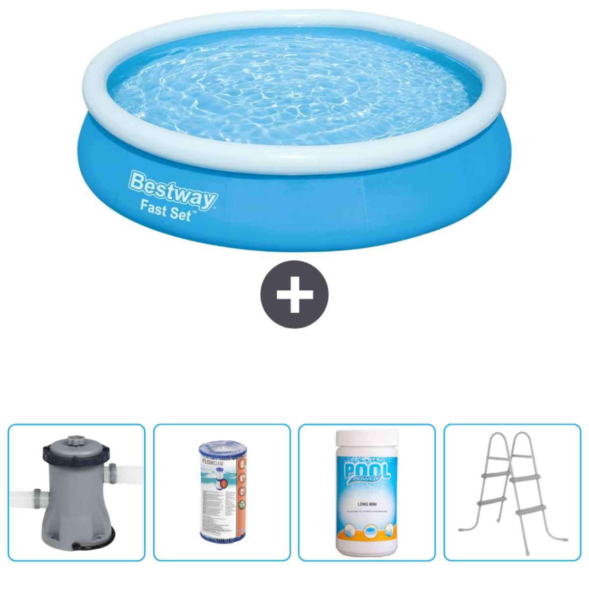 Een blauw zwembad met accessoires, waaronder een pomp, chemicaliën en een ladder. Blauwe en witte kleuren overheersen.