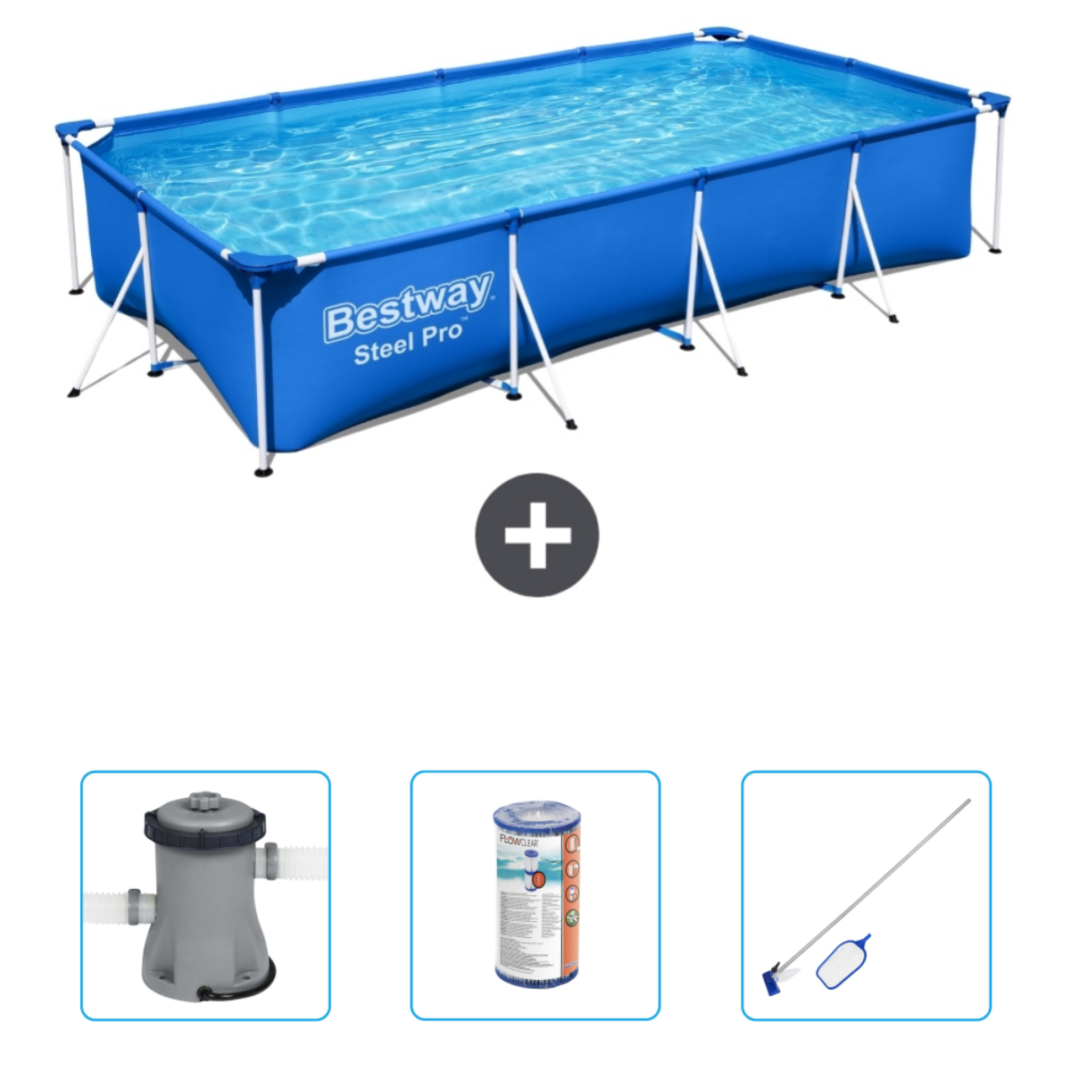 Blauw Bestway Steel Pro zwembad met accessoires: filter, chemie en zwembadnet.