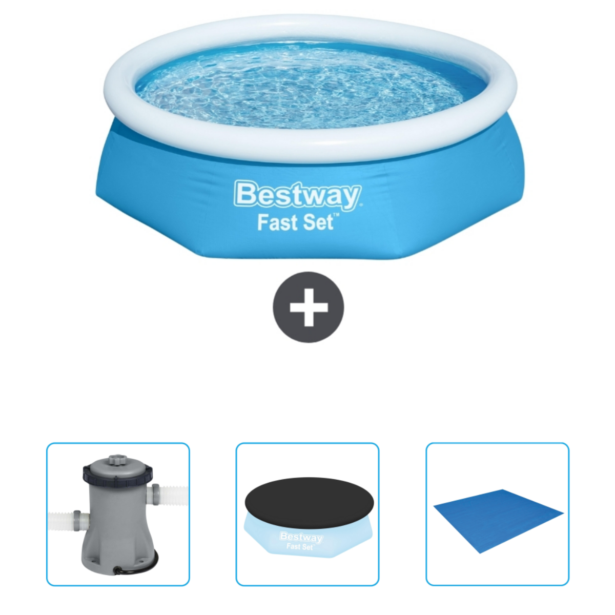 Piscine Bestway Fast Set bleue avec accessoires : filtre, bâche et tapis bleu.