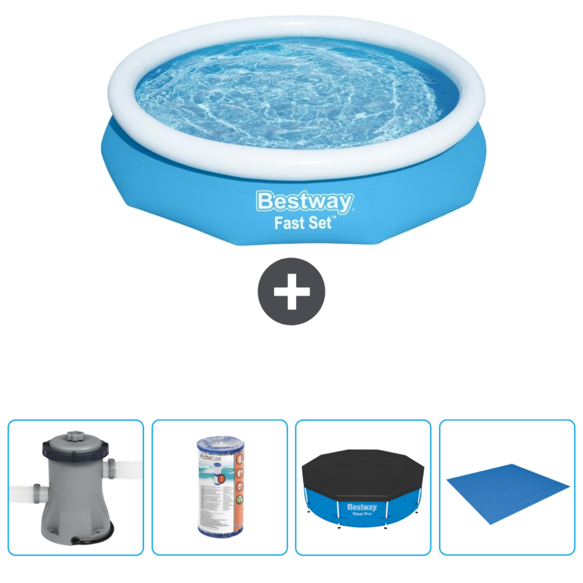 Blue above-ground pool with accessories, including a filter pump, chemicals, and a cover.