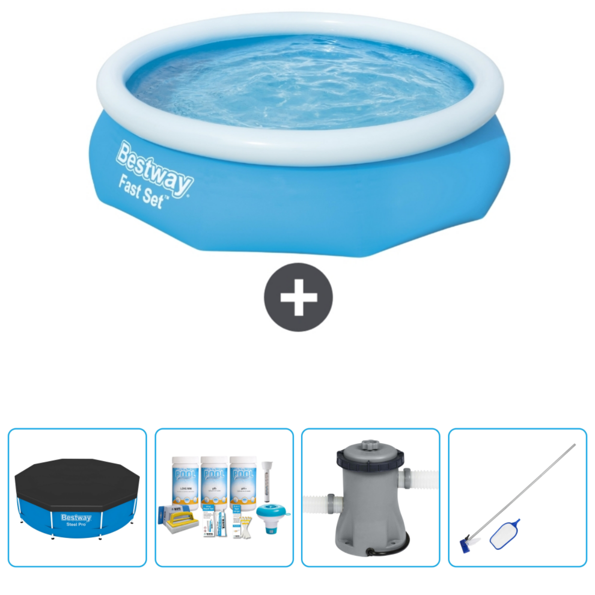Piscine hors sol bleue avec accessoires, dont bâche, produits chimiques, pompe et filet.