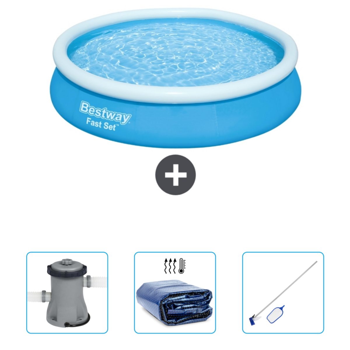 Blauw opzetzwembad met accessoires, waaronder pomp, afdekzeil, net en thermometer.
