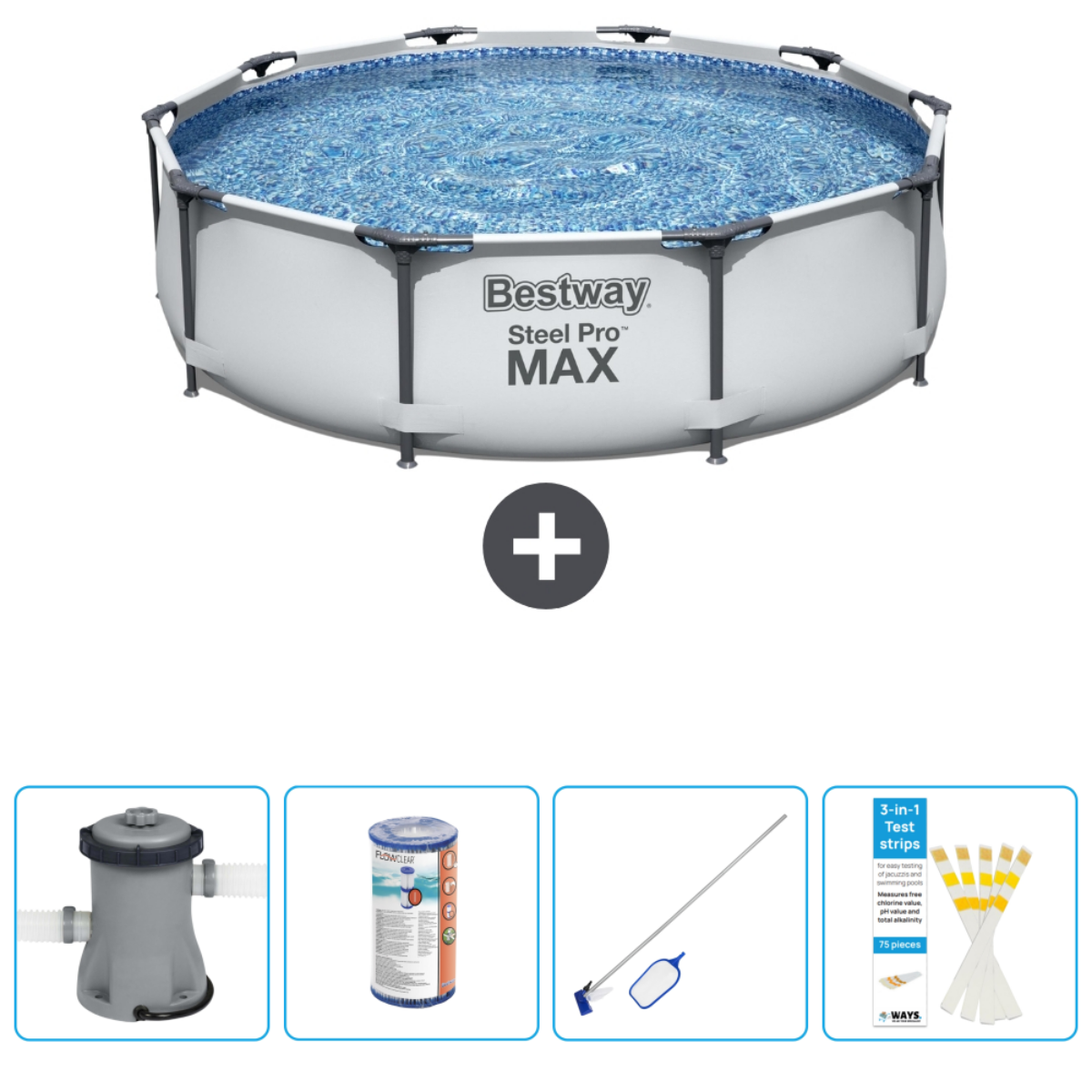 Piscine octogonale avec accessoires : pompe, filtre, outil de nettoyage et bandelettes.