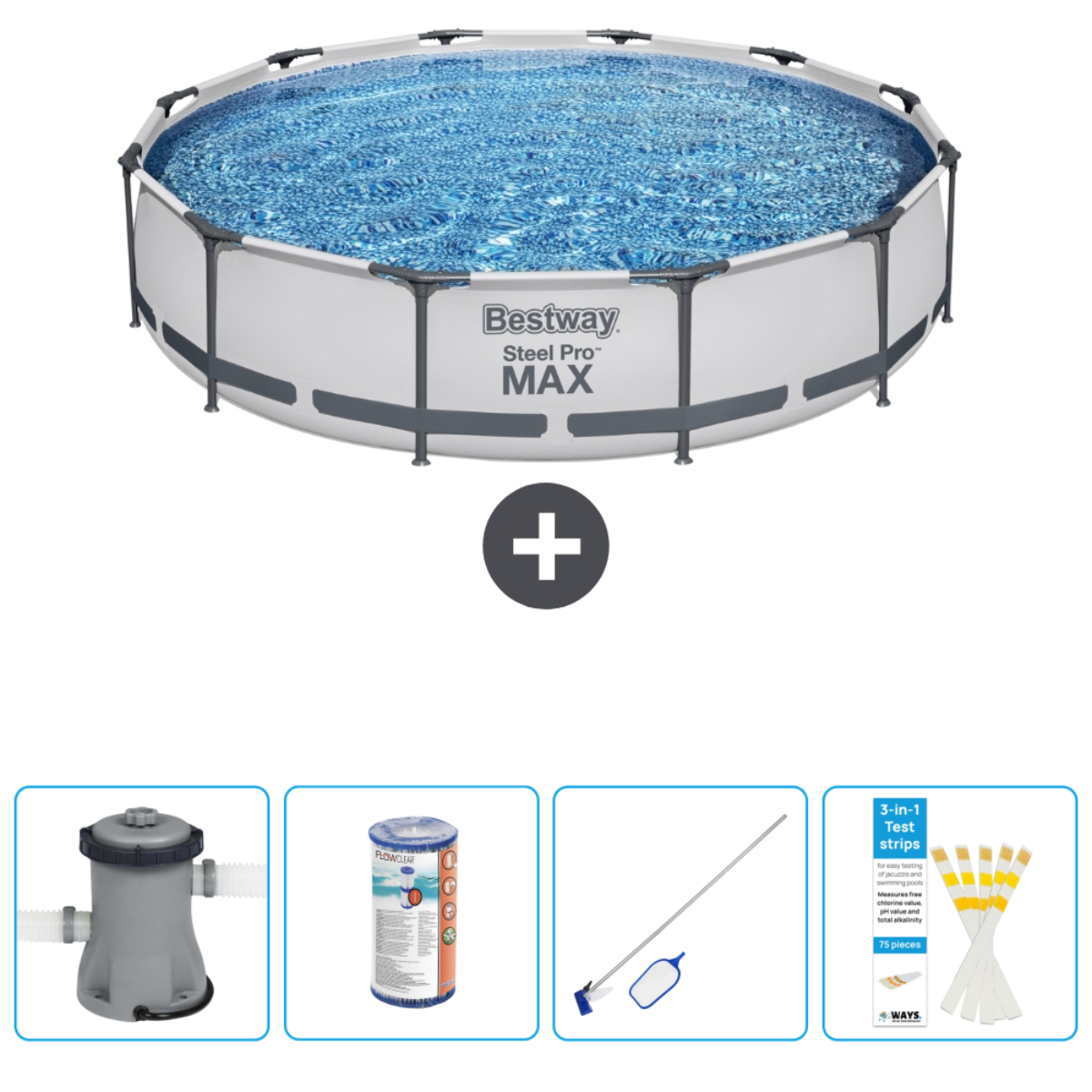 Piscine ronde avec eau, accessoires. Étiquette Bestway Steel Pro Max. Couverture, produits chimiques et filet visibles.