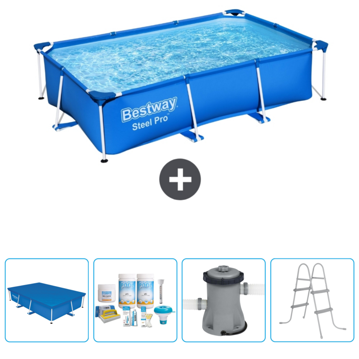 Blauw rechthoekig zwembad met afdekking, chemicaliën en ladder. Accessoires inbegrepen.