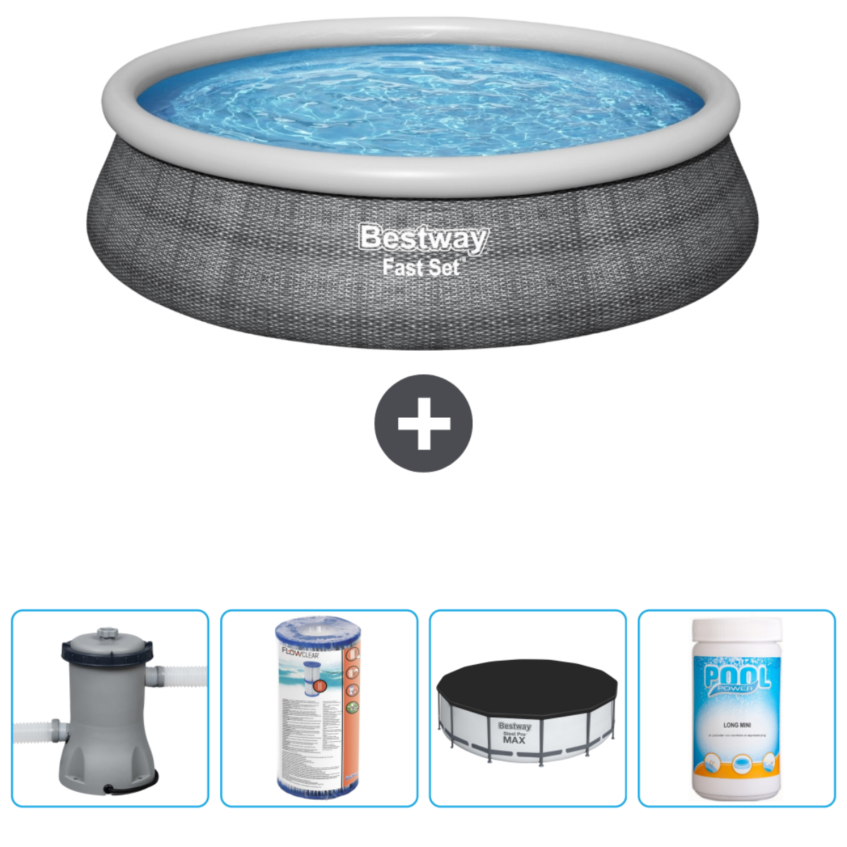Piscine grise Bestway Fast Set avec accessoires : filtre, produits, bâche.