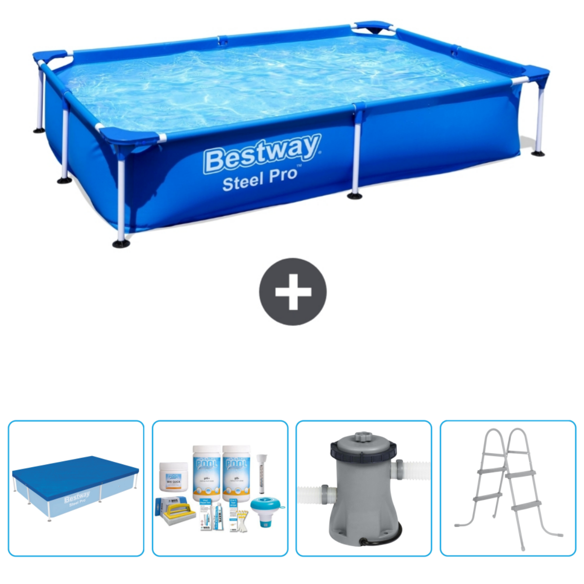 Blauw rechthoekig zwembad met accessoires: afdekzeil, chemicaliën, pomp en ladder. 'Bestway Steel Pro'.