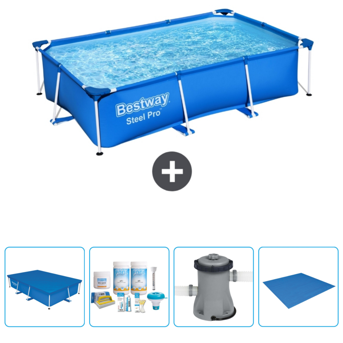 Piscine rectangulaire bleue avec accessoires : couverture, produits chimiques, pompe et bâche de sol.