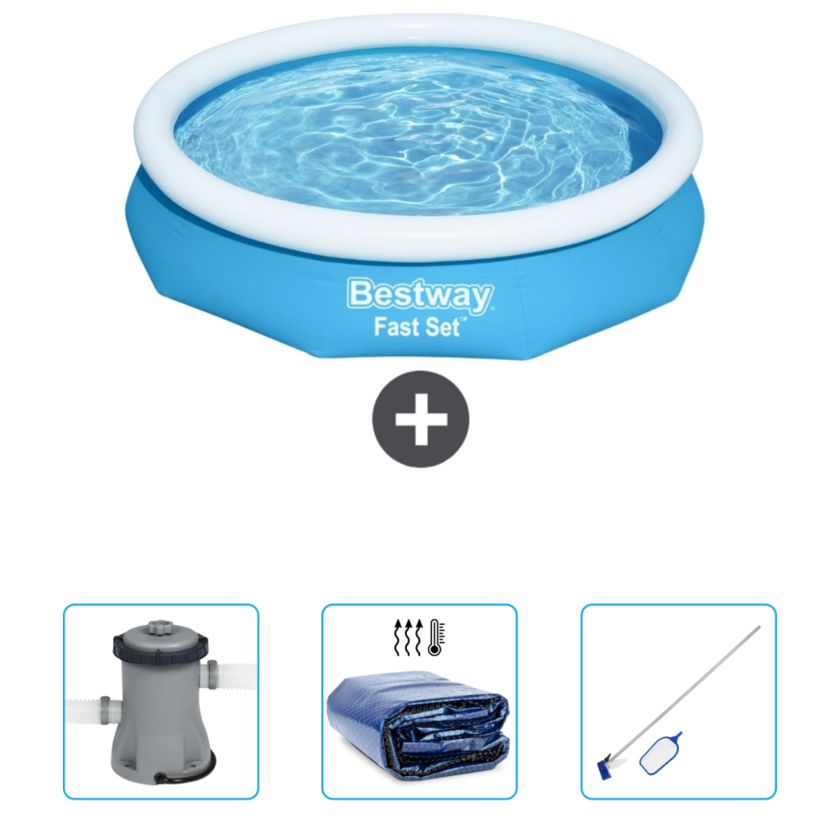 Blauw Bestway Fast Set zwembad met accessoires. Inclusief filter, afdekzeil en tools.