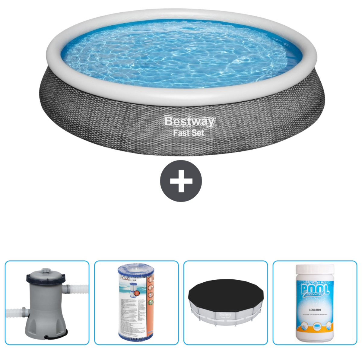 Piscine bleue avec pompe, produits chimiques, bâche et produits chimiques.