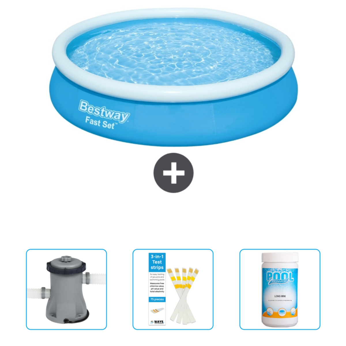 Blauer Pool mit weißem Rand. Enthält Pumpe, Teststreifen und Chlor.