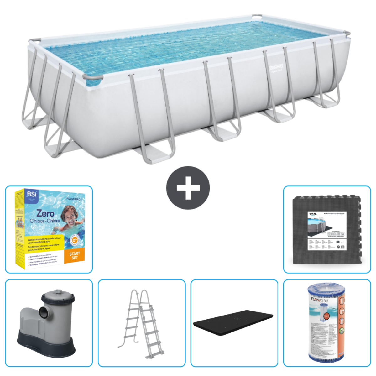 Rechthoekig Bestway zwembad met water, accessoires: chemicaliën, ladder, mat en filter.