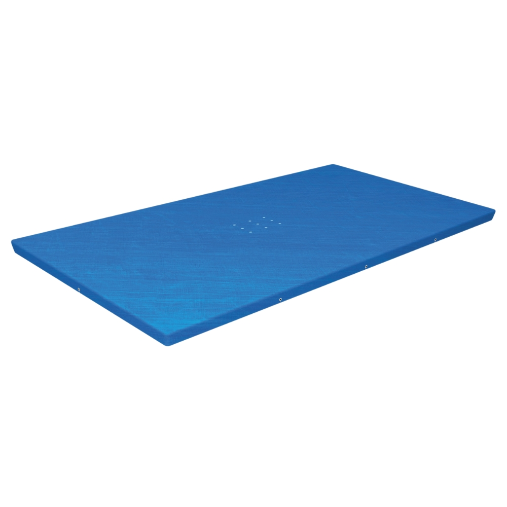 Blauw rechthoekig grondzeil, waarschijnlijk voor onder een zwembad, met een gestructureerd oppervlak.