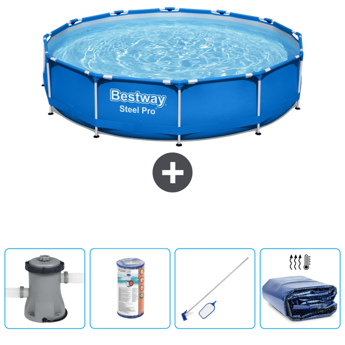 Zwembadset: Rond blauw zwembad met water, accessoires: filter, chemicaliën, afdekking en schoonmaakgereedschap.