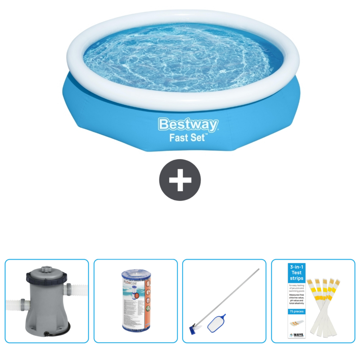 Rond zwembad met accessoires: filter, afdekking, net en teststrips. Zwembad heeft water en Bestway Fast Set logo.