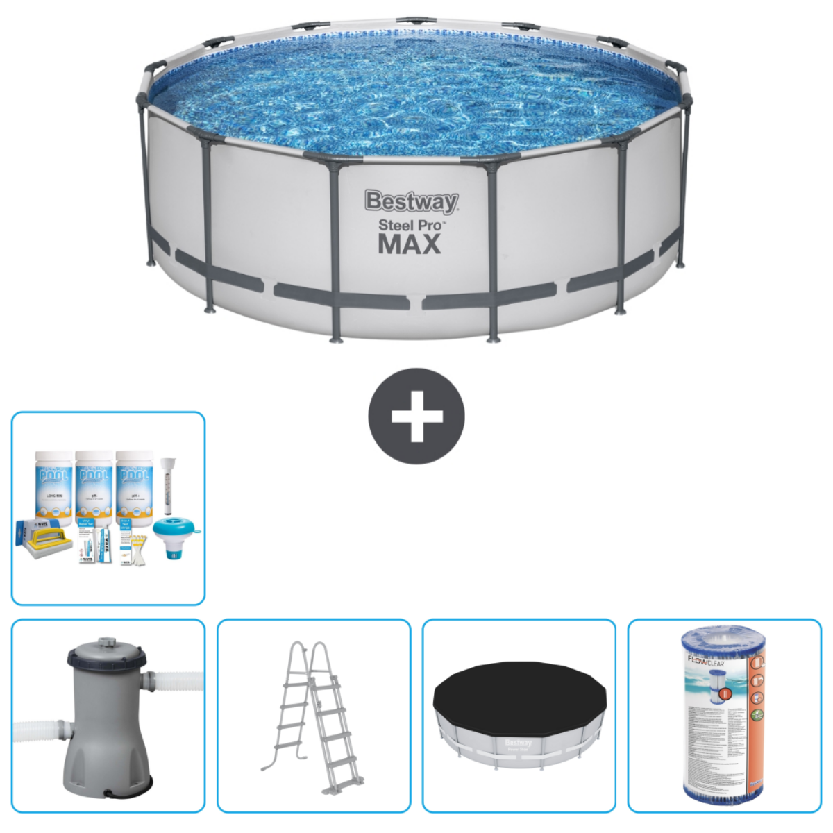 Une piscine ronde hors sol avec accessoires. La piscine est remplie d'eau et a un cadre blanc.
