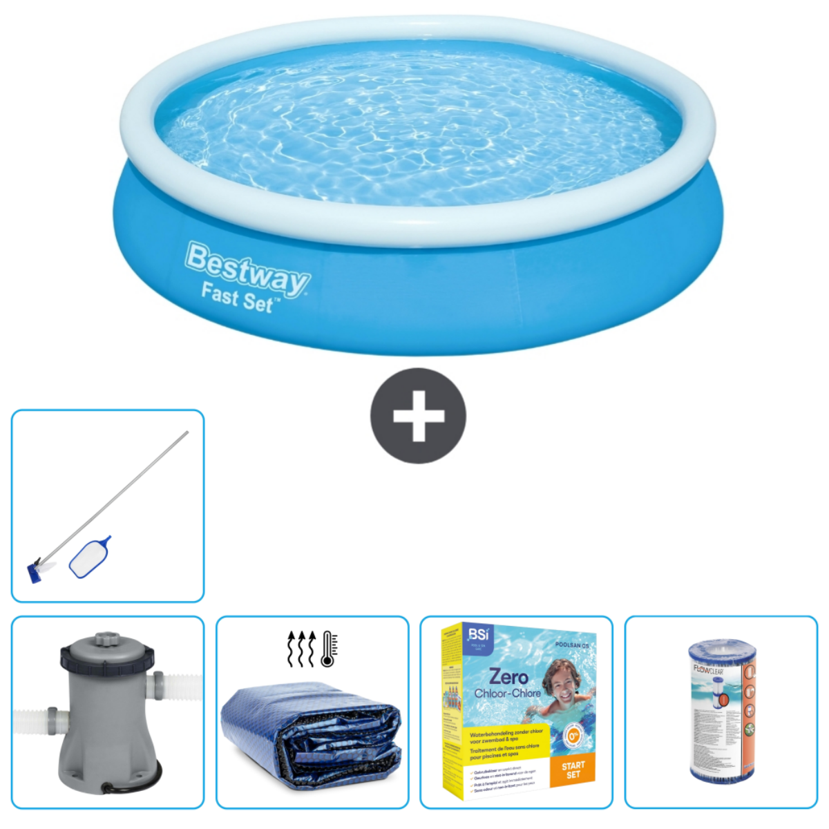 Rond zwembad met accessoires: filter, net, pomp, afdekzeil, chemicaliën en chloortabletten. 'Bestway Fast Set'.