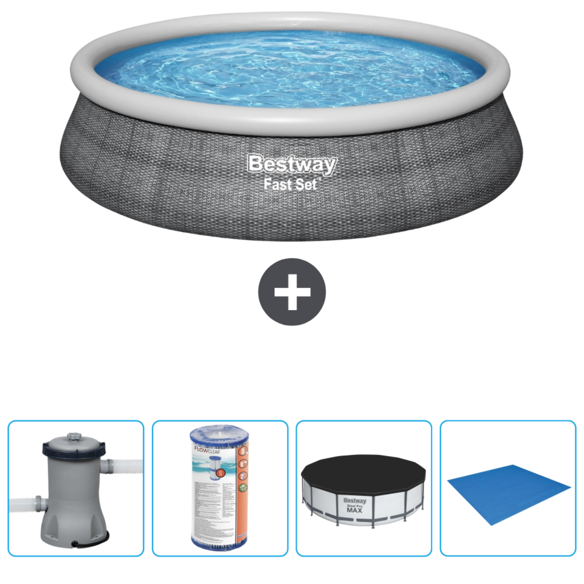 Piscine ronde bleue avec accessoires : pompe, filtre, couverture et bâche de sol.