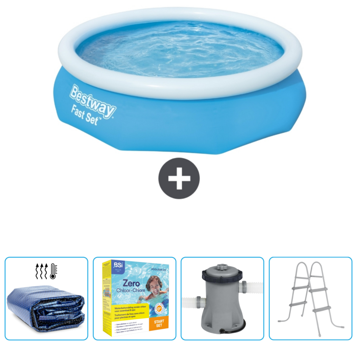 Een ronde blauwe pool met accessoires, waaronder een afdekking, chemicaliën, een pomp en een ladder. Blauw en wit domineren.