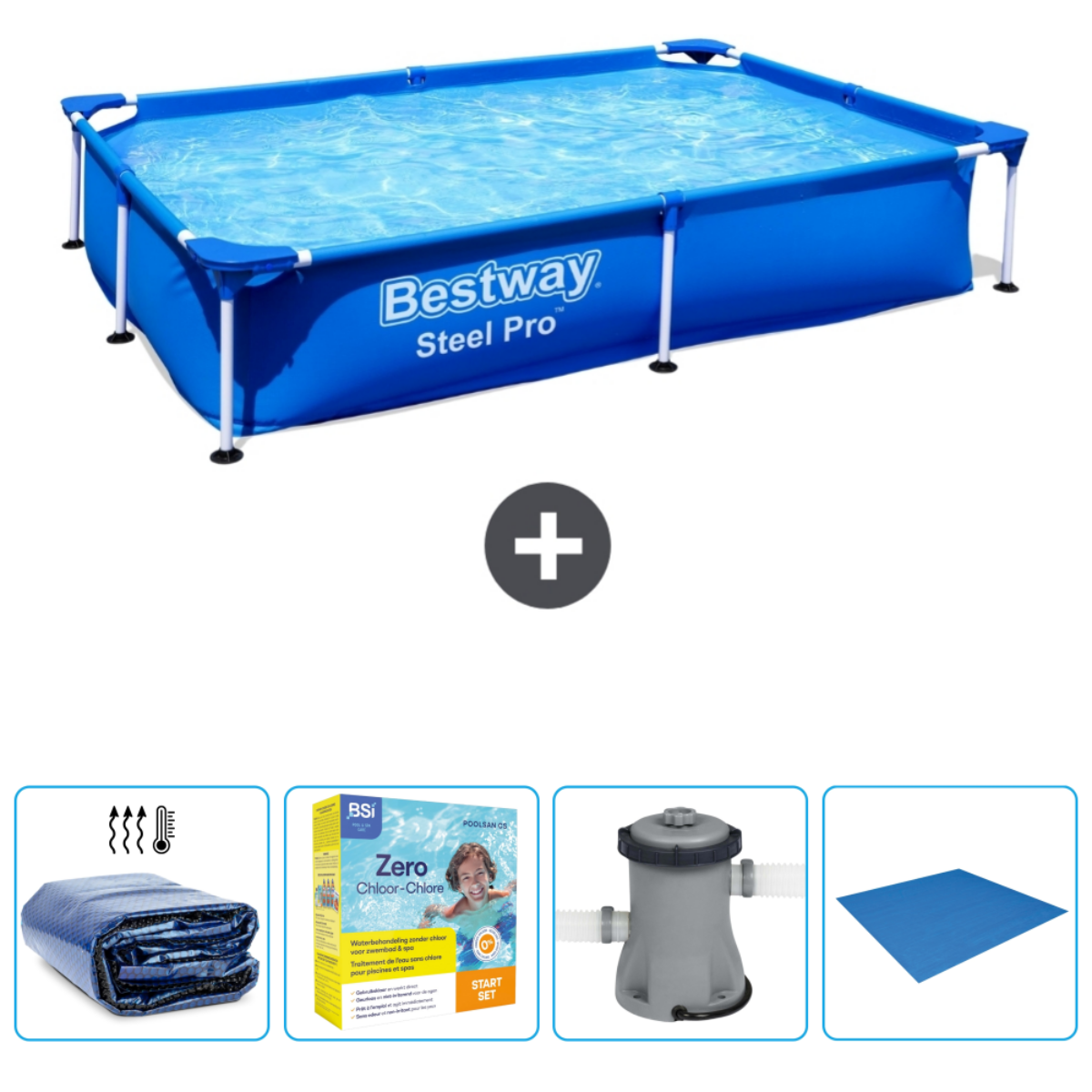 Blauw rechthoekig zwembad met afdekzeil, chemicaliën, pomp en mat.