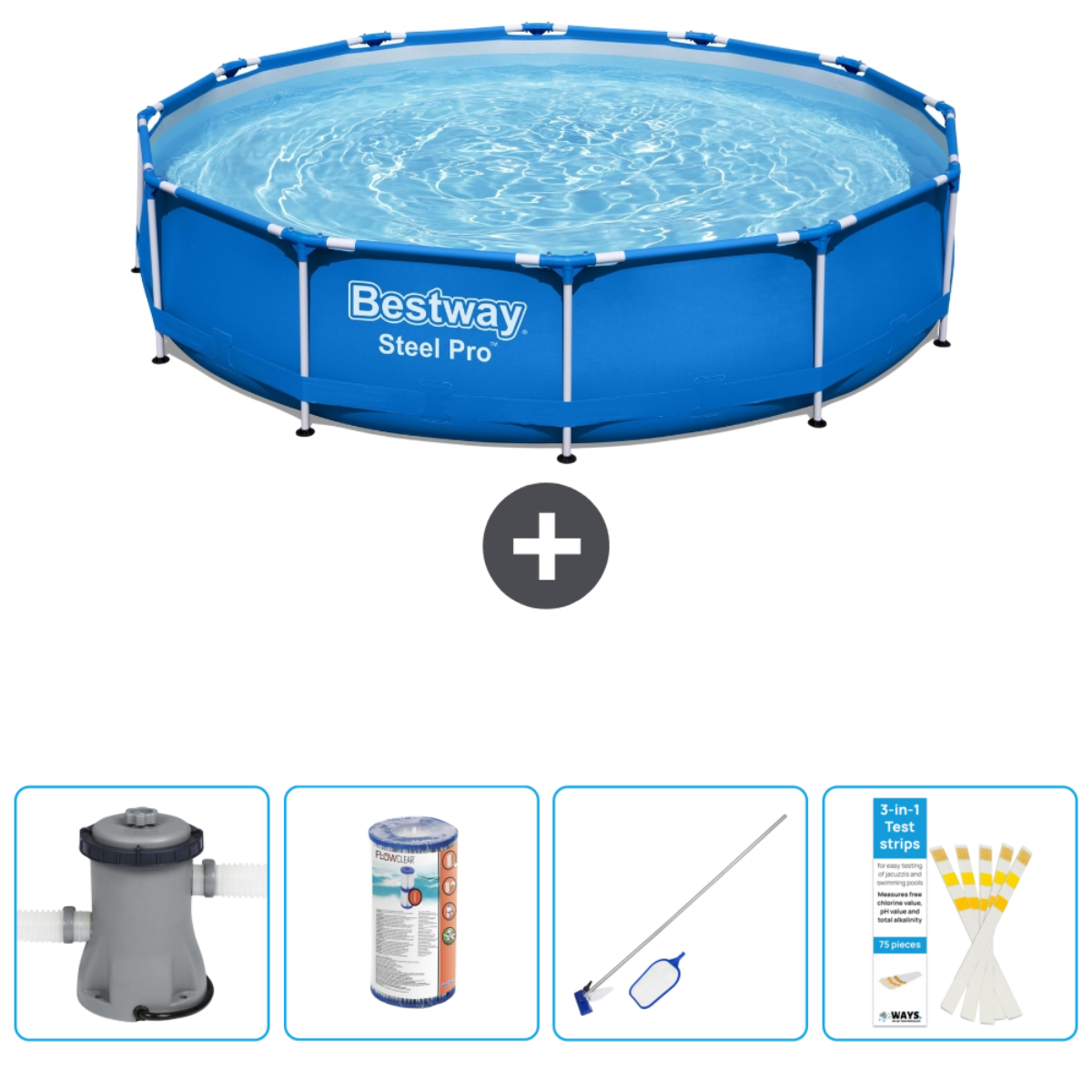 Blauw bovengronds zwembad met accessoires: pomp, chemicaliën, teststrips en een net.