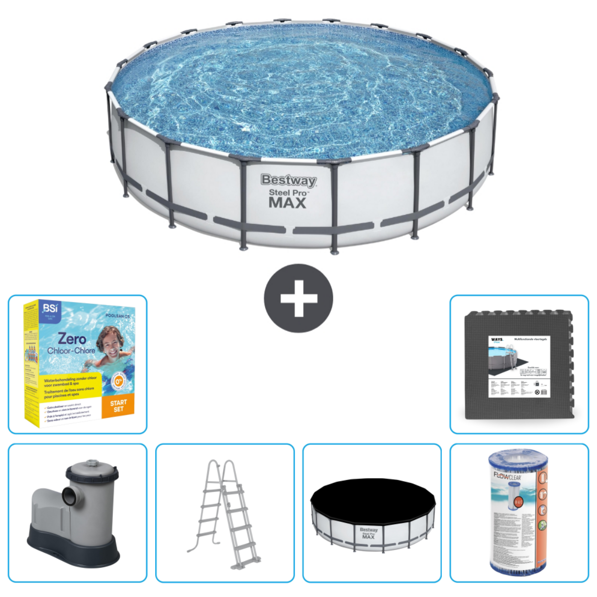 Rond Bestway Steel Pro Max zwembad met accessoires. Inclusief filter, ladder en chemicaliën.