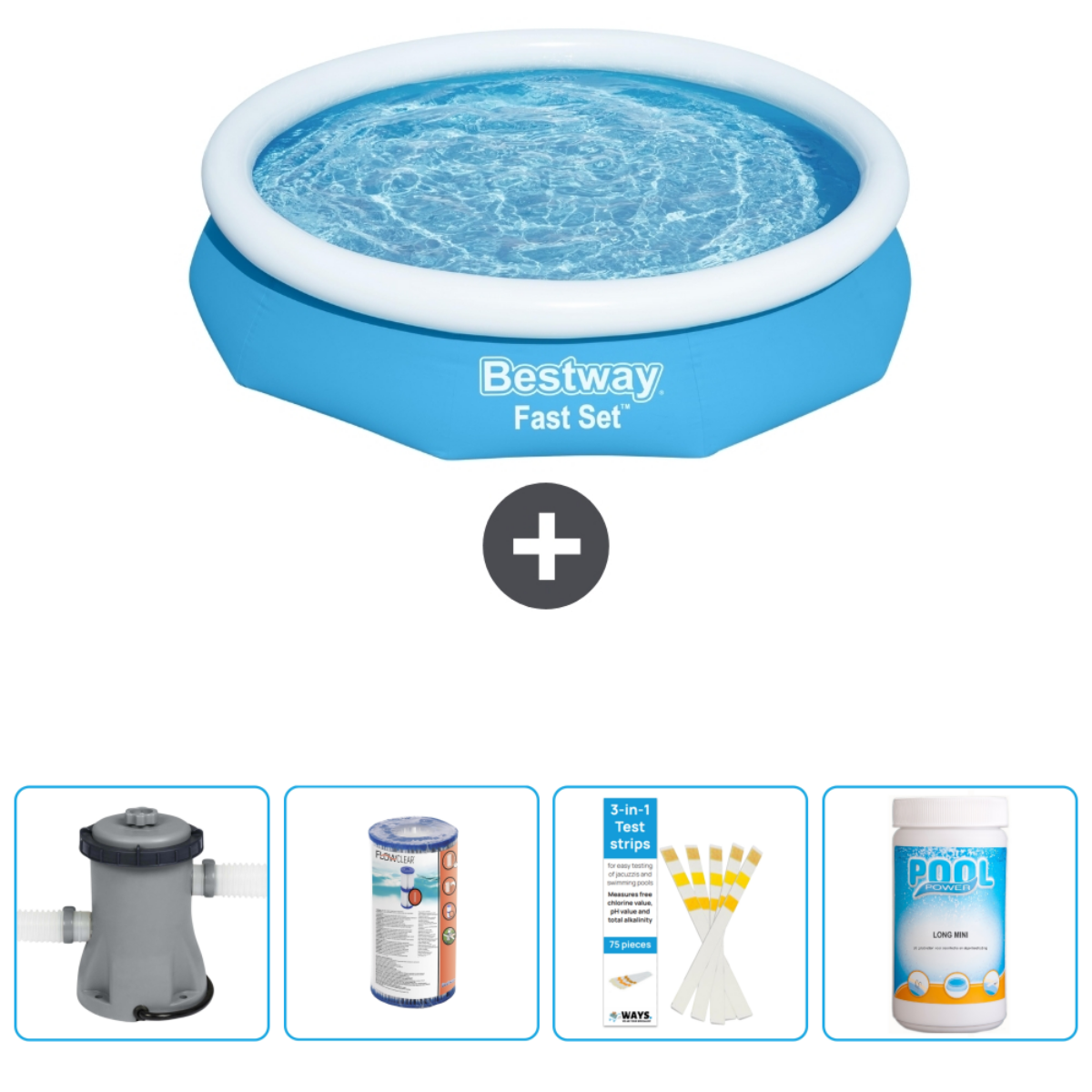 Blauw Bestway Fast Set zwembad met water, accessoires: pomp, filter, teststrips en chemicaliën.