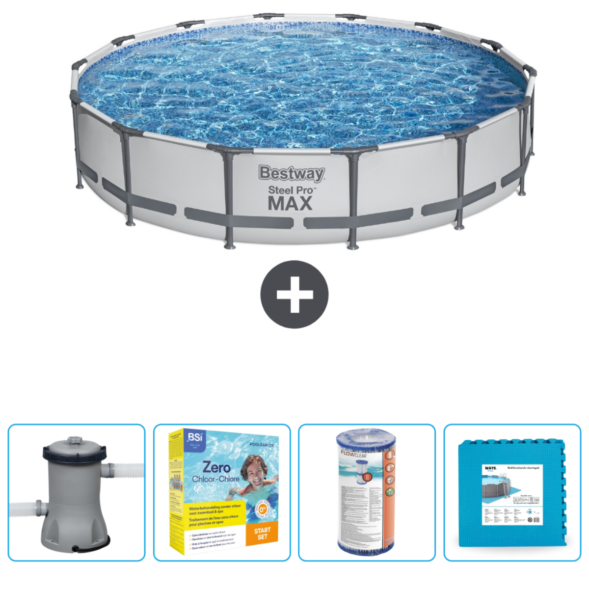 Piscine ronde avec filtre, produits chimiques et tapis. Accessoires: kit de démarrage et filtre.