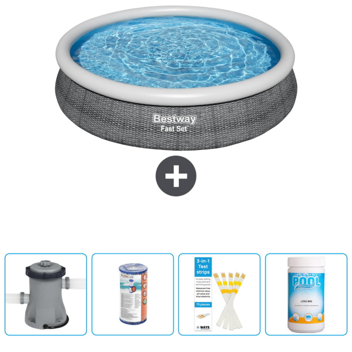 Piscine gonflable ronde avec accessoires : pompe, filtre, bandelettes de test et produits chimiques.