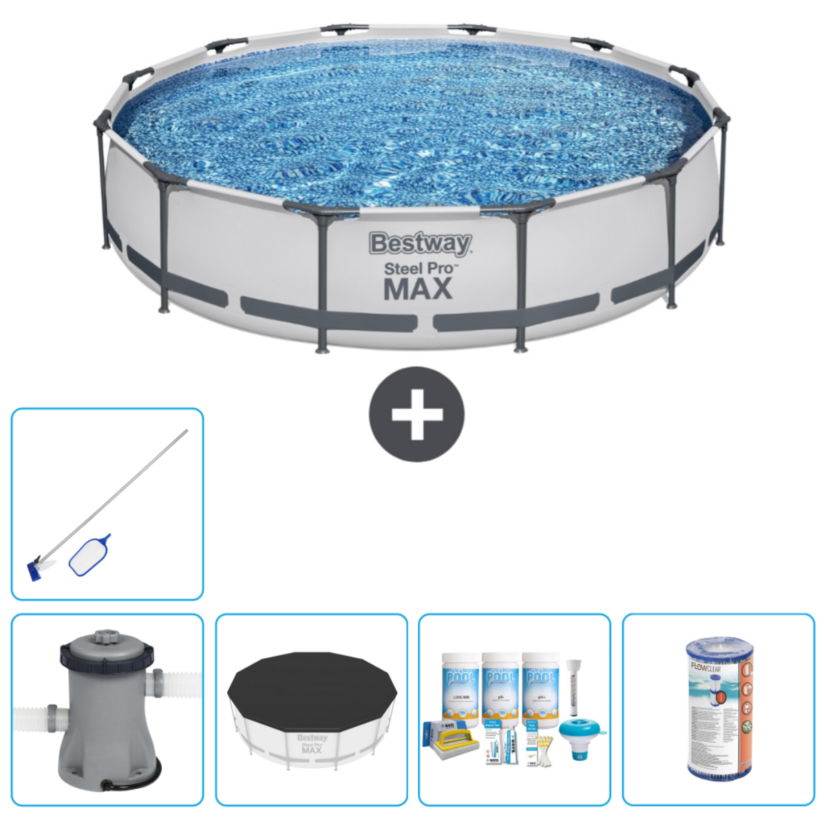 Piscine ronde avec eau, accessoires. Étiquette Bestway Steel Pro Max. Couverture, produits chimiques et filet visibles.