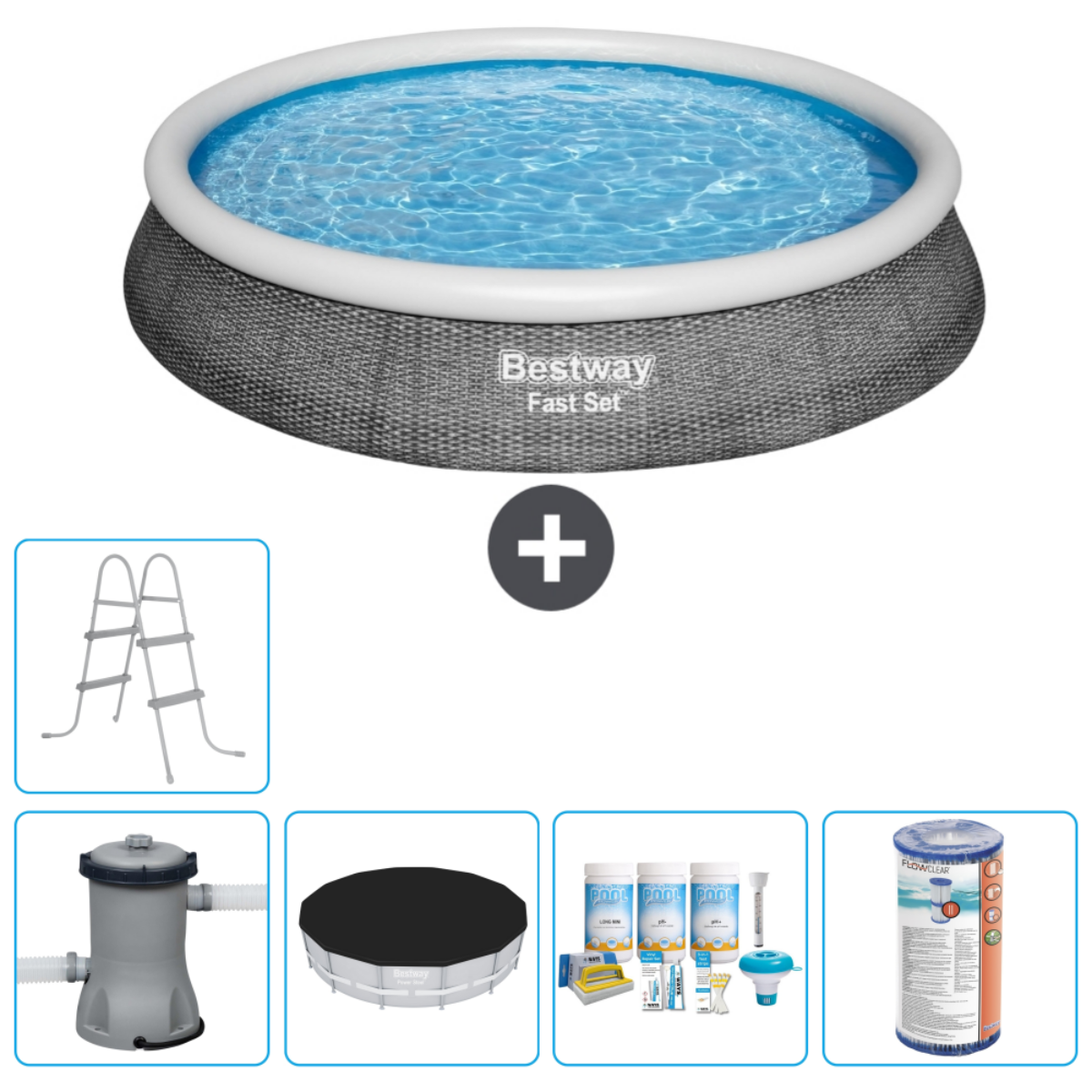 Piscine hors sol avec accessoires. Comprend échelle, pompe, bâche, produits chimiques et filtre.