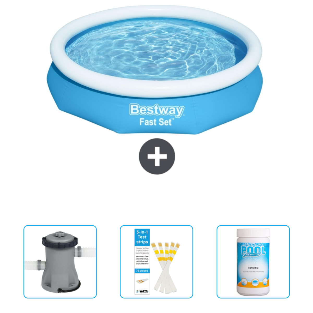 Blauer runder Pool mit Zubehör: Pumpe, Teststreifen und chemische Tabletten. 'Bestway Fast Set'.
