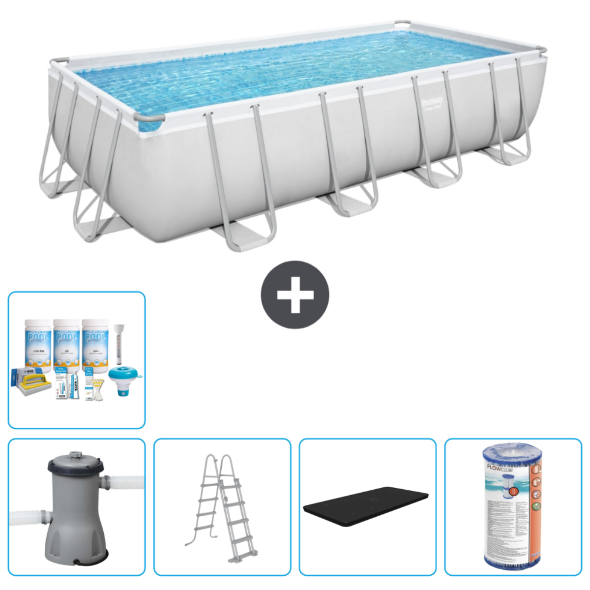 Piscine rectangulaire avec eau, plus produits chimiques, pompe, échelle, filtre et couverture.